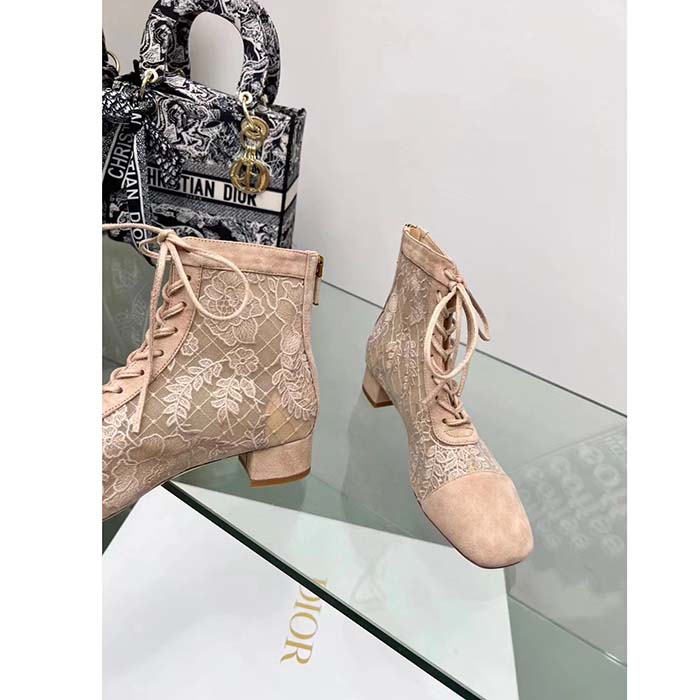 Dior Women CD Naughtily-D Heeled Ankle Boot Embroidered Signature Suede Calfskin Laces