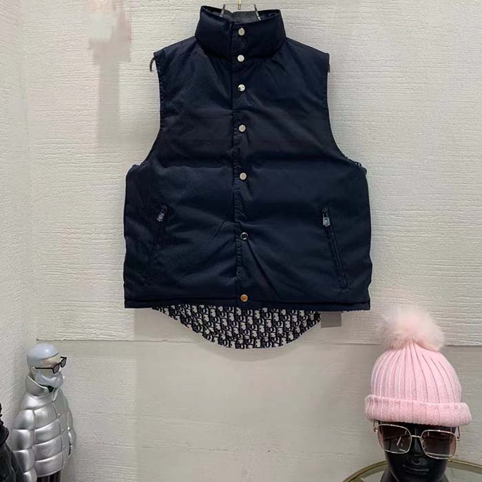 Dior Men CD Reversible Sleeveless Down Jacket Blue Ecru Oblique Quilted Technical Taffeta