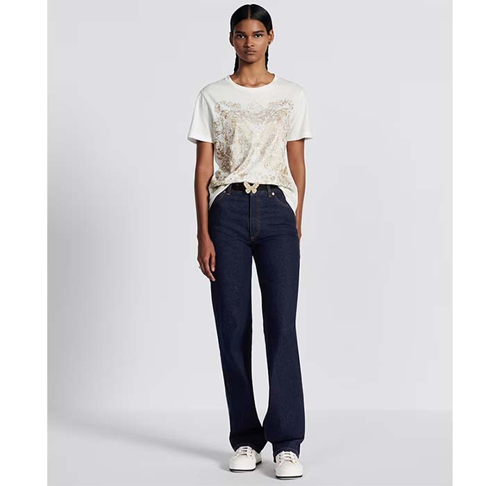 Dior Women CD T-Shirt White Cotton Jersey Gold-Tone Butterfly Around The World Motif