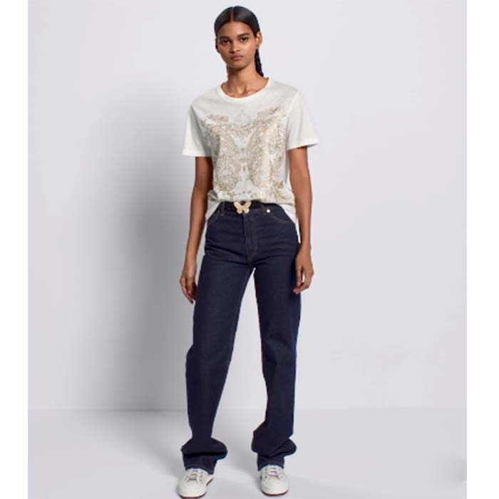 Dior Women CD T-Shirt White Cotton Jersey Gold-Tone Butterfly Around The World Motif