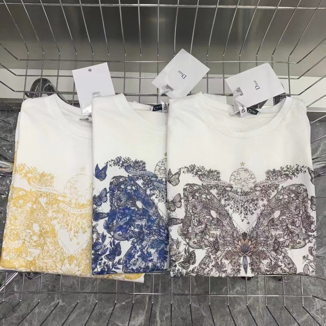 Dior Men CD T-Shirt White Cotton Linen Jersey Pastel Midnight Blue Butterfly Around The World Motif