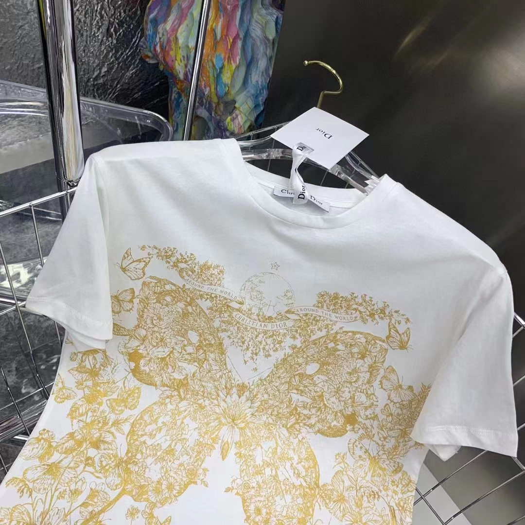 Dior Men CD T-Shirt White Cotton Jersey Gold-Tone Butterfly Around The World Motif