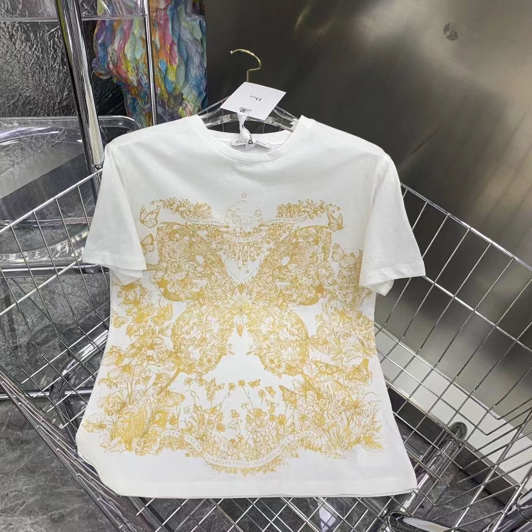 Dior Men CD T-Shirt White Cotton Jersey Gold-Tone Butterfly Around The World Motif