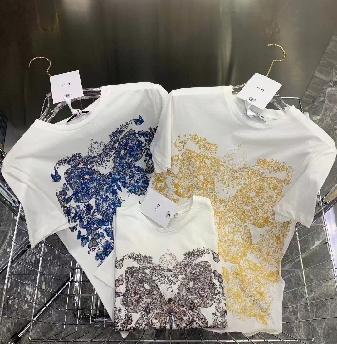 Dior Men CD T-Shirt White Cotton Linen Jersey Pastel Midnight Blue Butterfly Around The World Motif