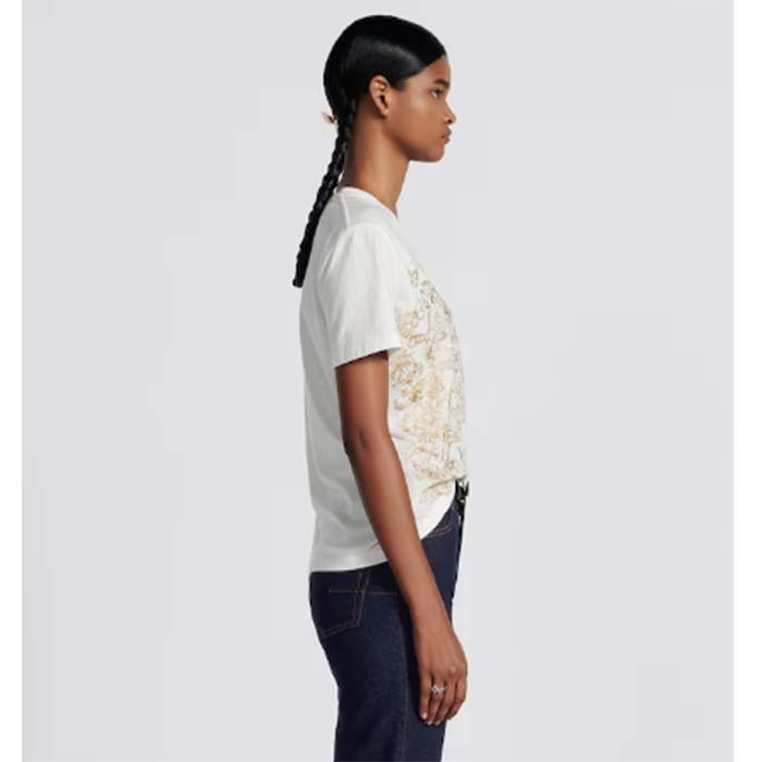 Dior Women CD T-Shirt White Cotton Jersey Gold-Tone Butterfly Around The World Motif