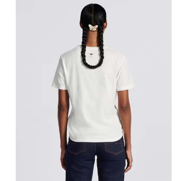 Dior Women CD T-Shirt White Cotton Jersey Gold-Tone Butterfly Around The World Motif