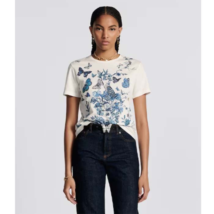 Dior Women CD T-Shirt White Cotton Jersey Pastel Midnight Blue Toile De Jouy Mexico Motif
