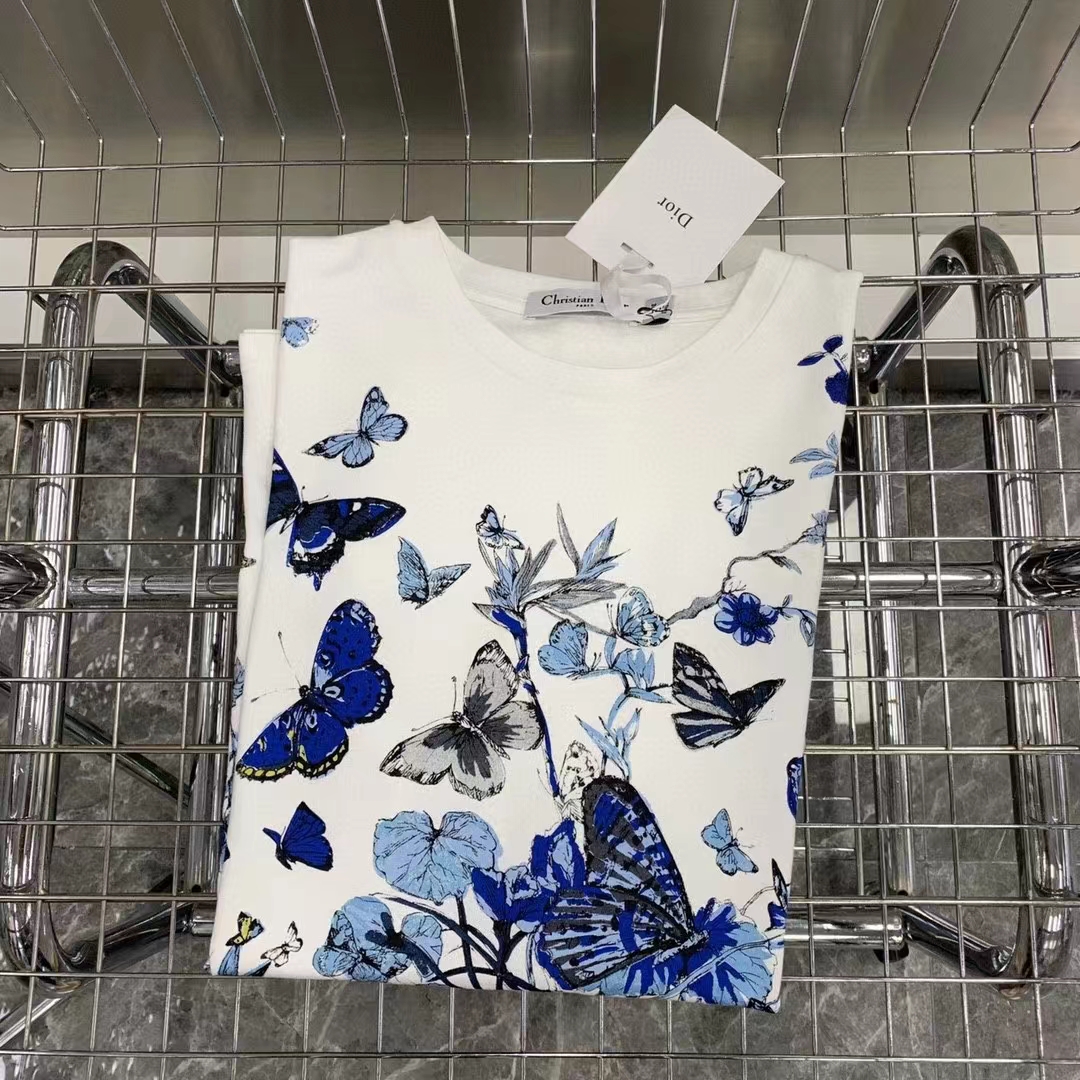 Dior Men CD T-Shirt White Cotton Jersey Pastel Midnight Blue Toile De Jouy Mexico Motif