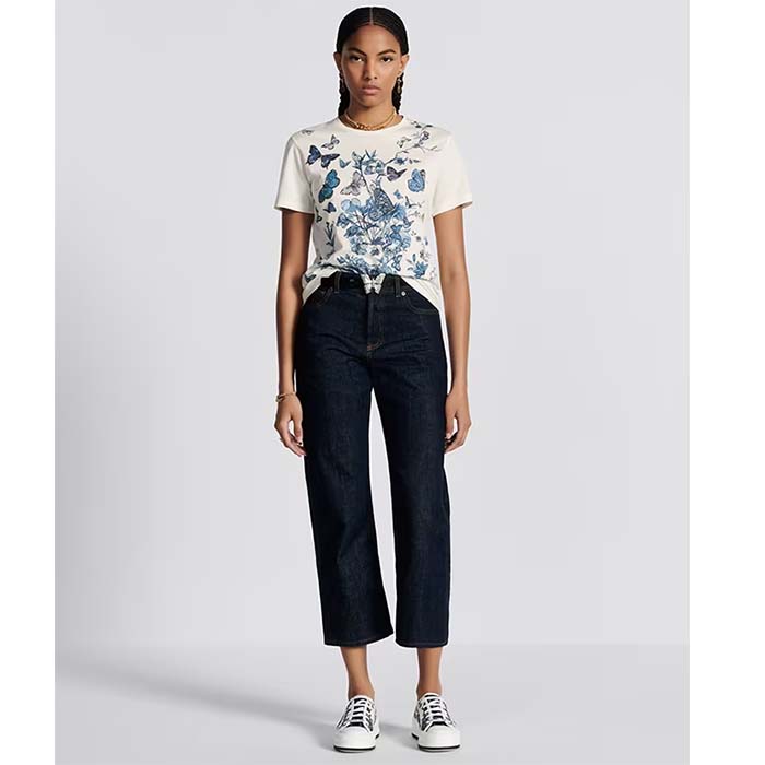 Dior Women CD T-Shirt White Cotton Jersey Pastel Midnight Blue Toile De Jouy Mexico Motif