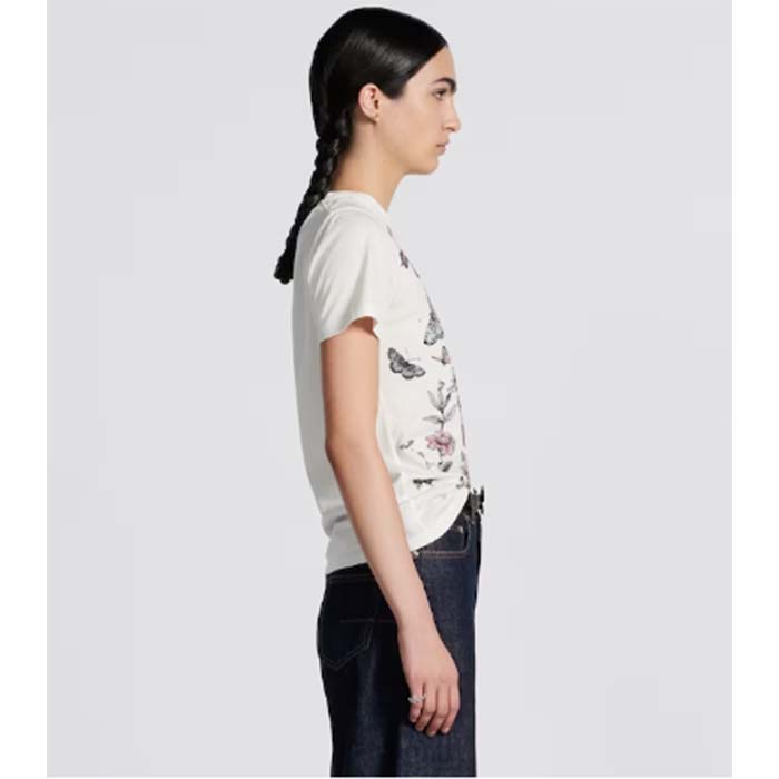 Dior Women CD T-Shirt White Cotton Jersey Pastel Pink Toile De Jouy Mexico Motif