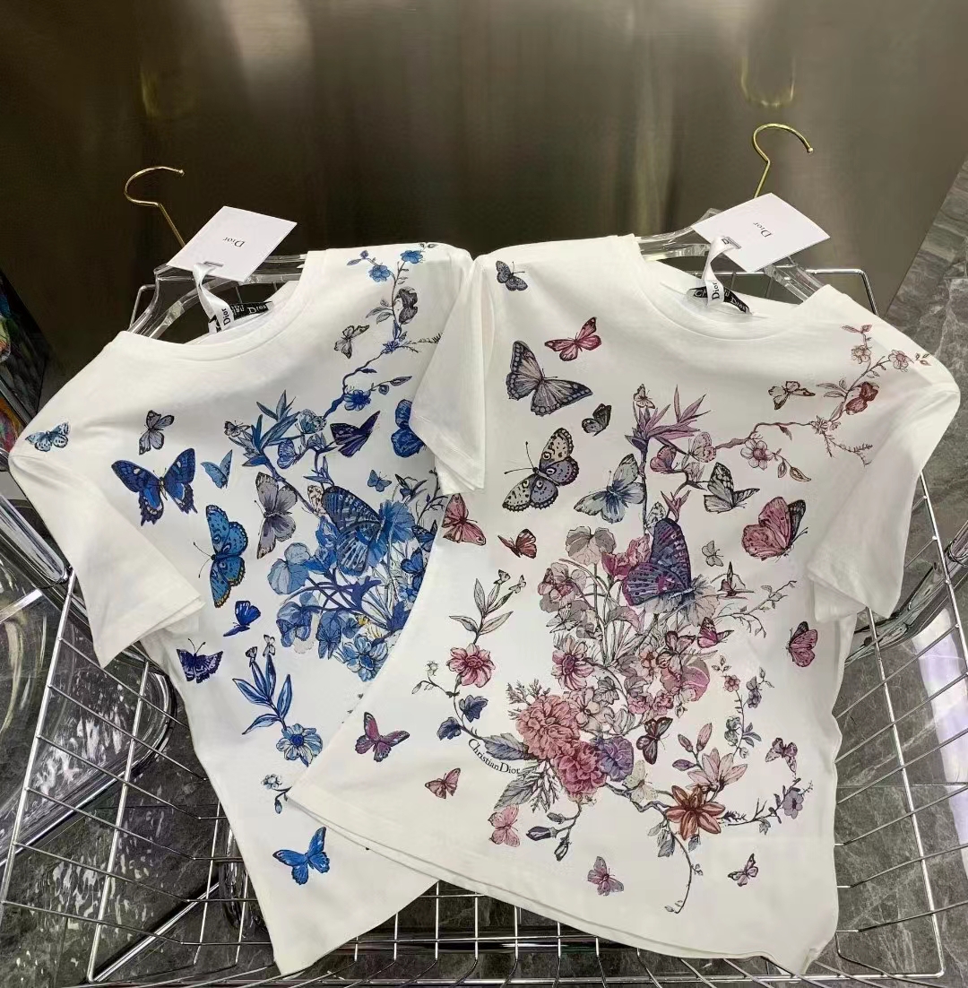 Dior Women CD T-Shirt White Cotton Jersey Pastel Pink Toile De Jouy Mexico Motif
