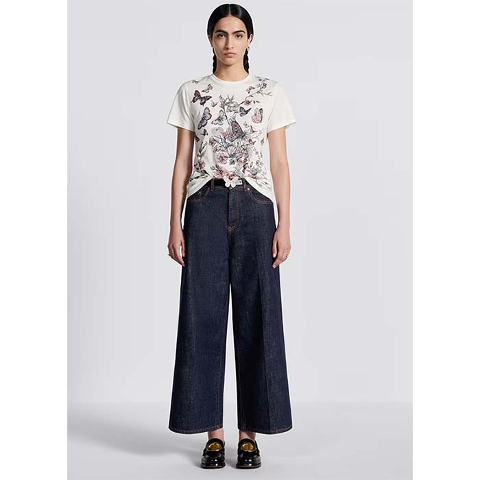 Dior Women CD T-Shirt White Cotton Jersey Pastel Pink Toile De Jouy Mexico Motif