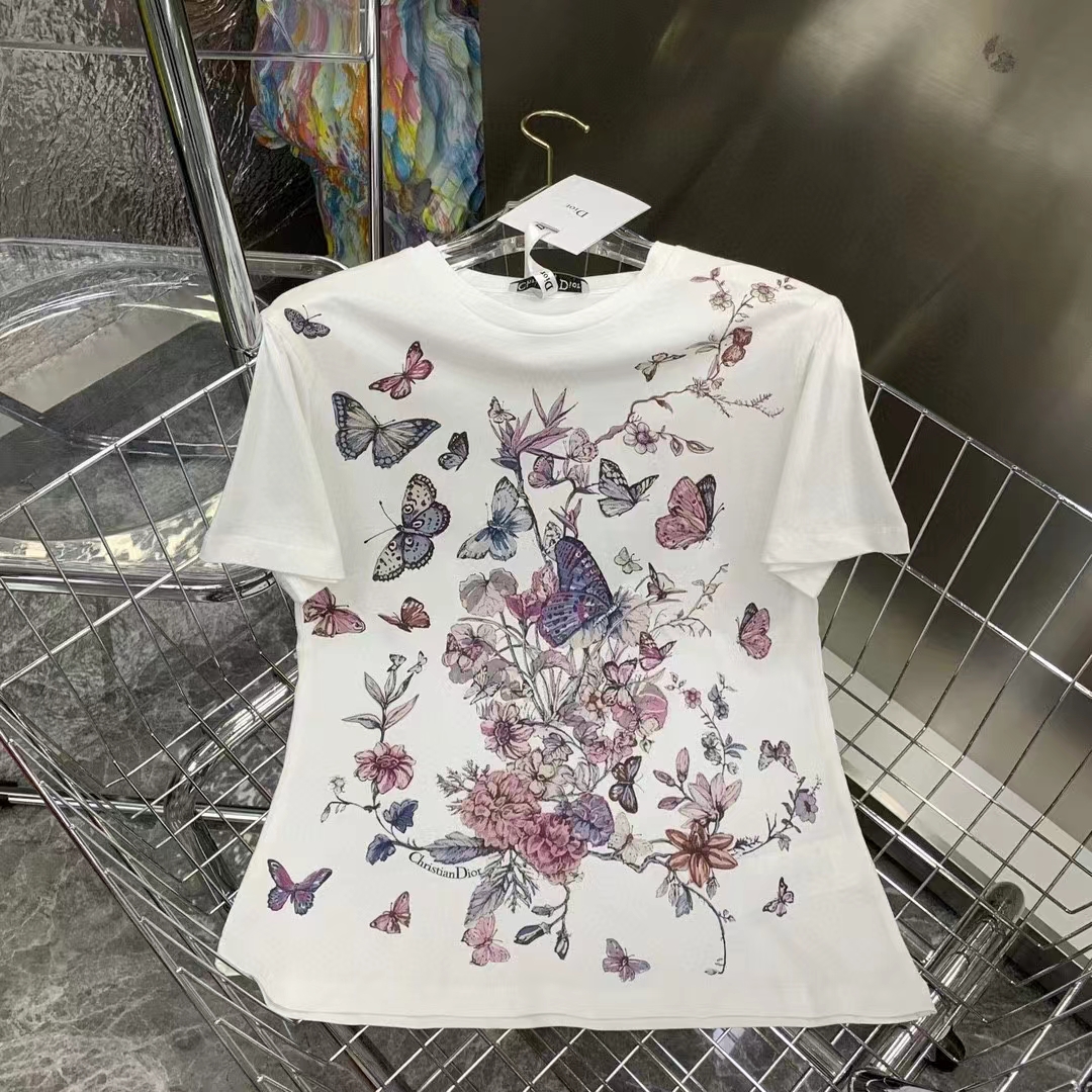 Dior Women CD T-Shirt White Cotton Jersey Pastel Pink Toile De Jouy Mexico Motif