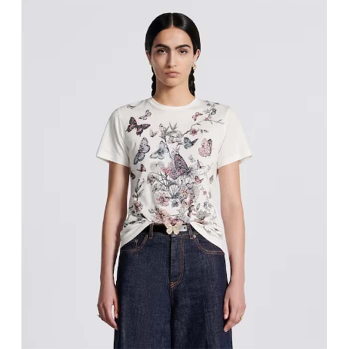 Dior Women CD T-Shirt White Cotton Jersey Pastel Pink Toile De Jouy Mexico Motif