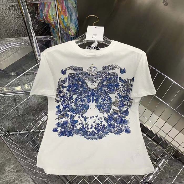 Dior Men CD T-Shirt White Cotton Linen Jersey Pastel Midnight Blue Butterfly Around The World Motif