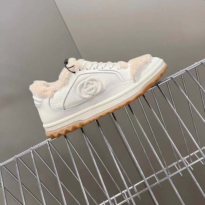 Gucci GG Unisex MAC80 Sneaker Off White Leather Merino Wool Round Toe Rubber Flat