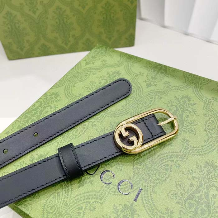 Gucci GG Unisex Thin Belt Mini Round Interlocking G Black Leather 1.5 CM Width