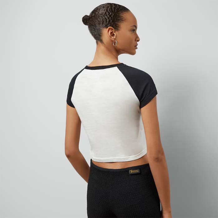 Gucci GG Women Cotton Jersey Short Sleeved T-Shirt Off White Black Gucci Planet Print Crewneck
