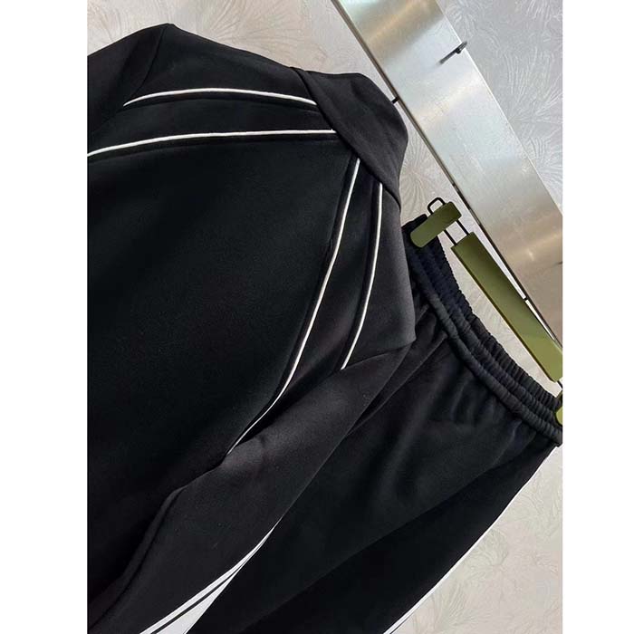 Gucci GG Women Cotton Jersey Zip Jacket Black Lightweight Felted Point Collar Long Sleeves