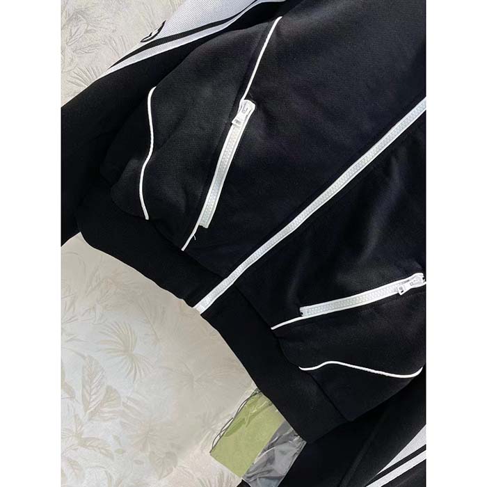Gucci GG Men Cotton Jersey Zip Jacket Black Lightweight Felted Point Collar Long Sleeves