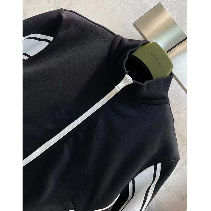Gucci GG Men Cotton Jersey Zip Jacket Black Lightweight Felted Point Collar Long Sleeves