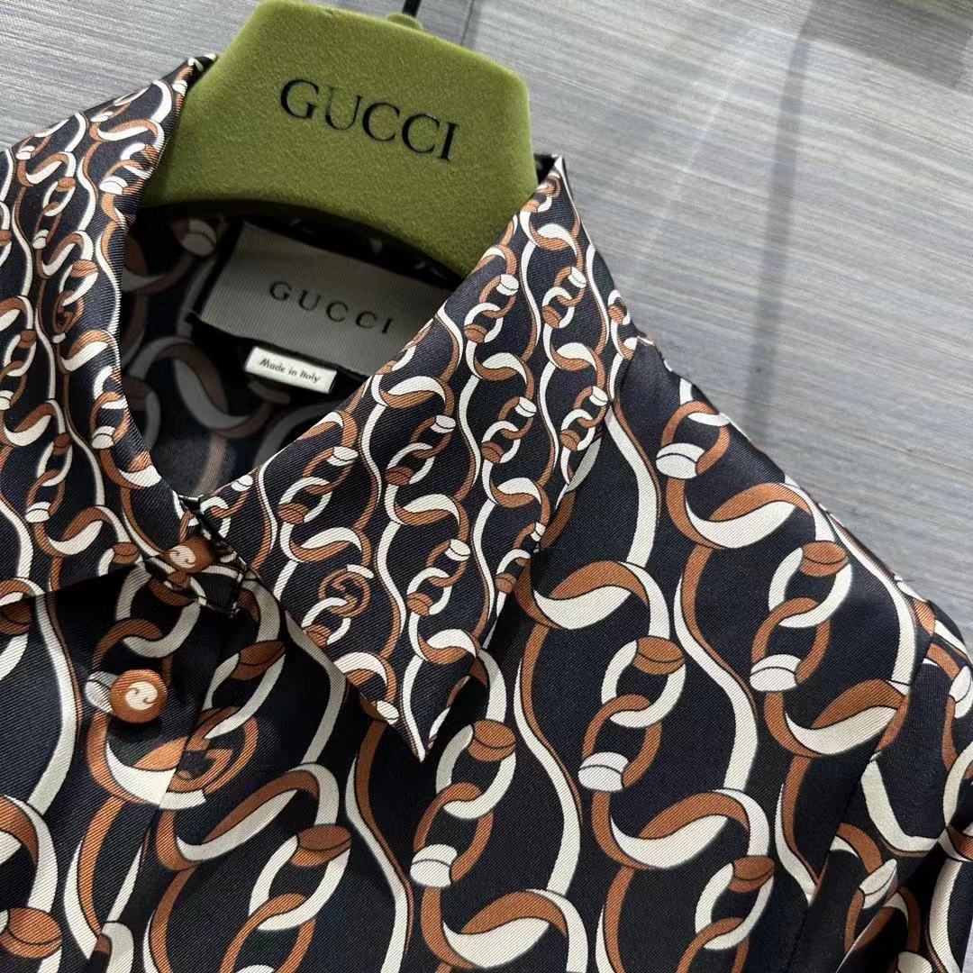 Gucci GG Men Interlocking G Chain Print Silk Shirt Point Collar Long Sleeves