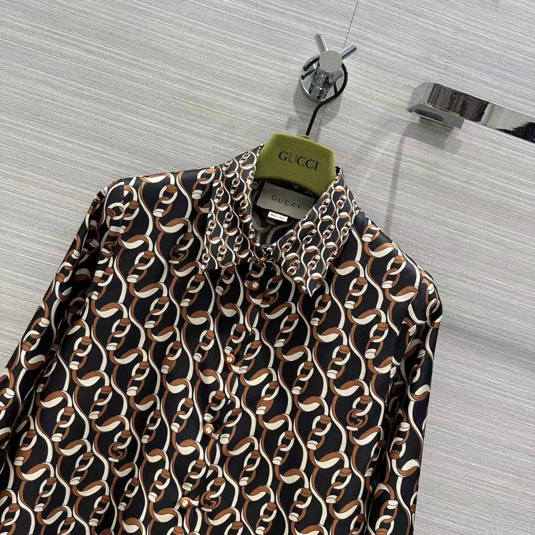 Gucci GG Men Interlocking G Chain Print Silk Shirt Point Collar Long Sleeves