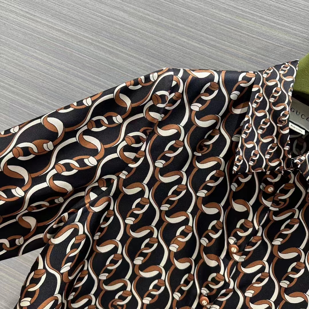 Gucci GG Men Interlocking G Chain Print Silk Shirt Point Collar Long Sleeves