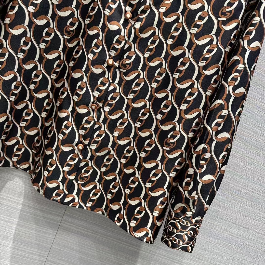 Gucci GG Men Interlocking G Chain Print Silk Shirt Point Collar Long Sleeves