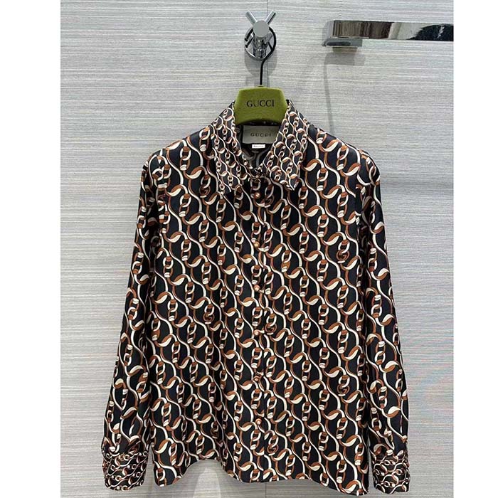 Gucci GG Men Interlocking G Chain Print Silk Shirt Point Collar Long Sleeves