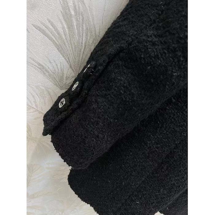 Gucci GG Women Tweed Mélange Jacket Black Self-Covered Buttons Interlocking G Lined V-Neck
