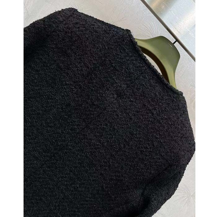 Gucci GG Women Tweed Mélange Jacket Black Self-Covered Buttons Interlocking G Lined V-Neck