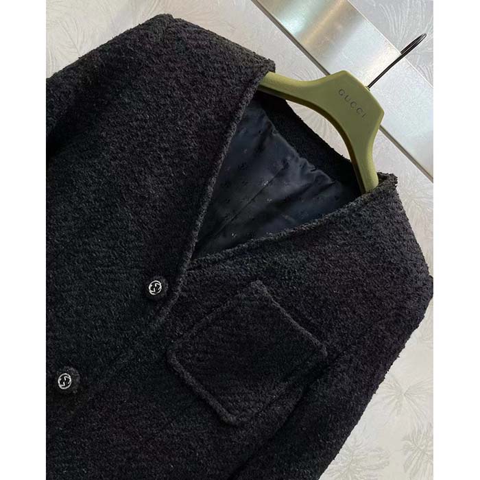 Gucci GG Women Tweed Mélange Jacket Black Self-Covered Buttons Interlocking G Lined V-Neck