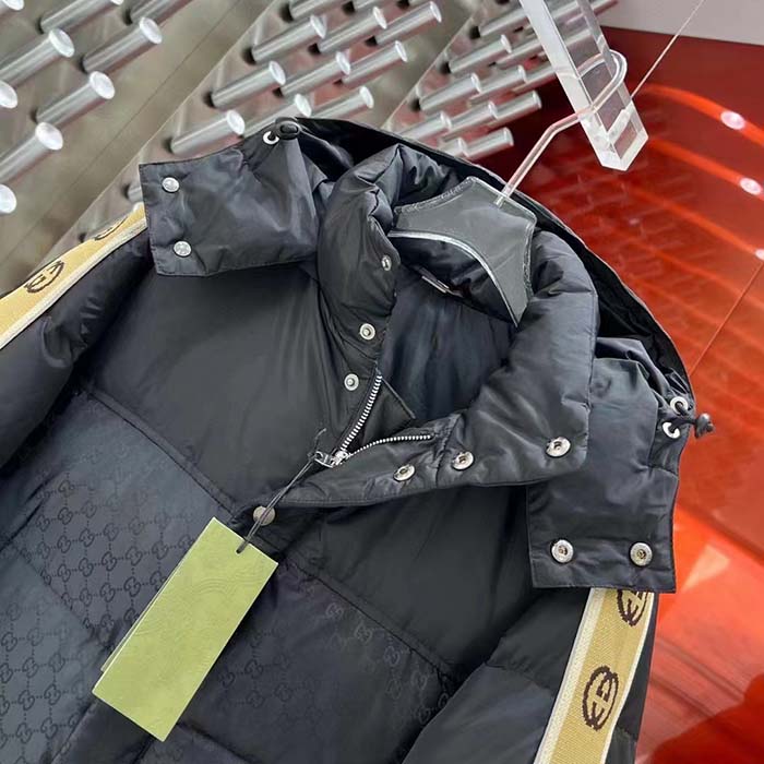 Gucci Men GG Black Jacquard Nylon Padded Coat Camel Brown Interlocking G Stripe Down Goose Feather