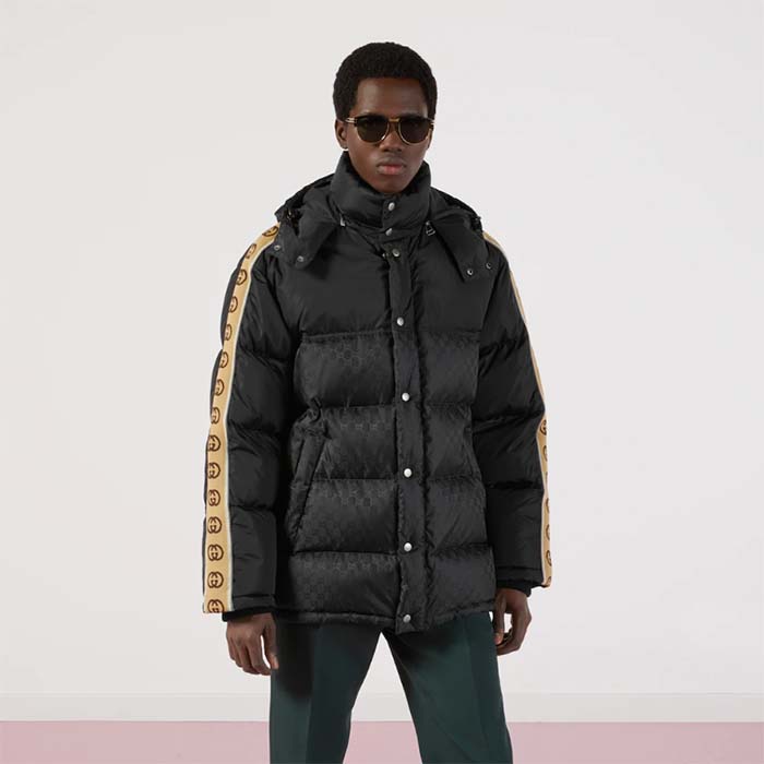 Gucci Men GG Black Jacquard Nylon Padded Coat Camel Brown Interlocking G Stripe Down Goose Feather