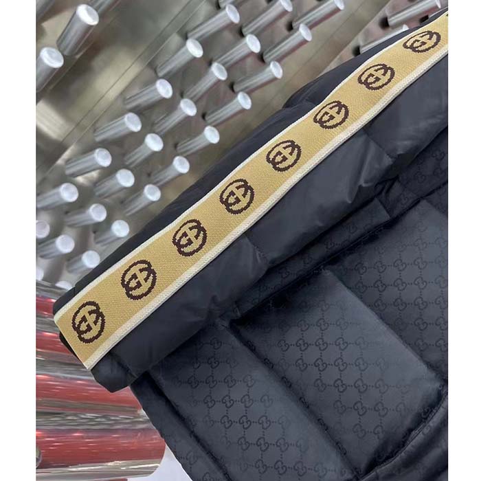 Gucci Men GG Black Jacquard Nylon Padded Coat Camel Brown Interlocking G Stripe Down Goose Feather