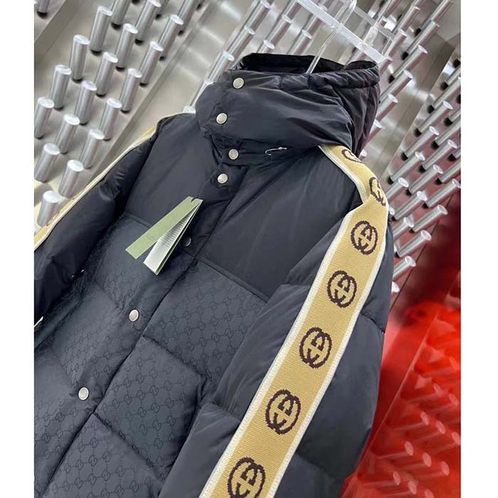 Gucci Women GG Black Jacquard Nylon Padded Coat Camel Brown Interlocking G Stripe Down Goose Feather