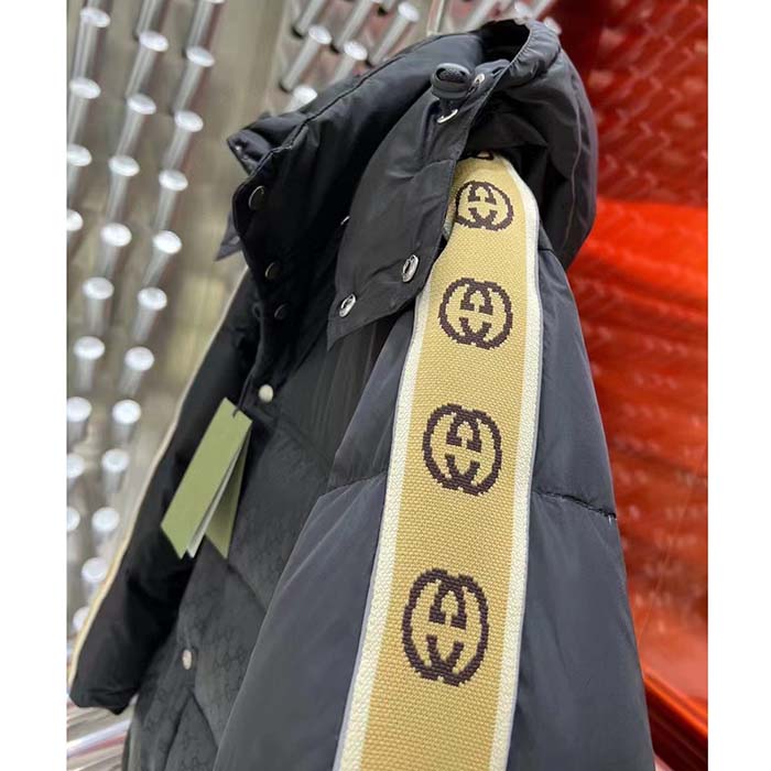 Gucci Men GG Black Jacquard Nylon Padded Coat Camel Brown Interlocking G Stripe Down Goose Feather