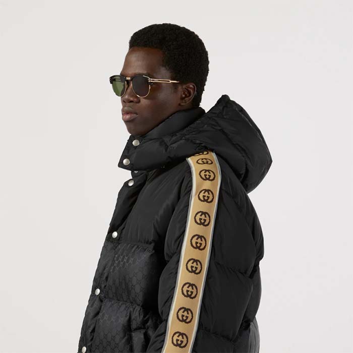 Gucci Men GG Black Jacquard Nylon Padded Coat Camel Brown Interlocking G Stripe Down Goose Feather