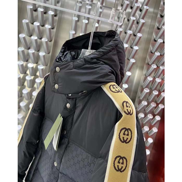 Gucci Men GG Black Jacquard Nylon Padded Coat Camel Brown Interlocking G Stripe Down Goose Feather