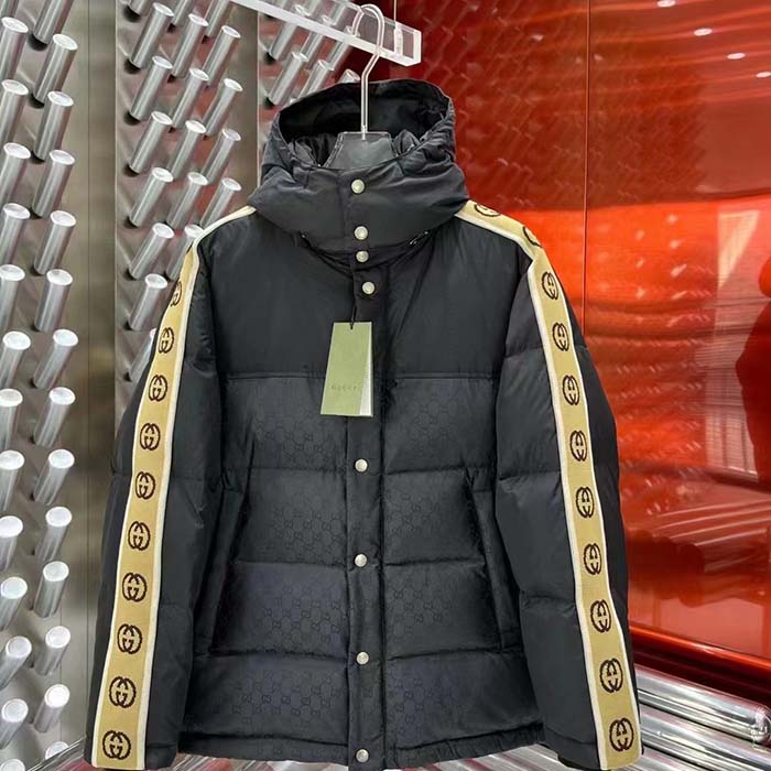 Gucci Men GG Black Jacquard Nylon Padded Coat Camel Brown Interlocking G Stripe Down Goose Feather