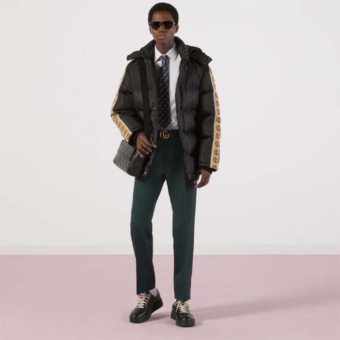 Gucci Men GG Black Jacquard Nylon Padded Coat Camel Brown Interlocking G Stripe Down Goose Feather