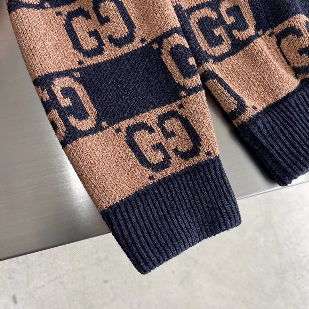 Gucci Women GG Cotton Jacquard Hooded Sweater Beige Dark Blue Dropped Shoulder Kangaroo Pocket