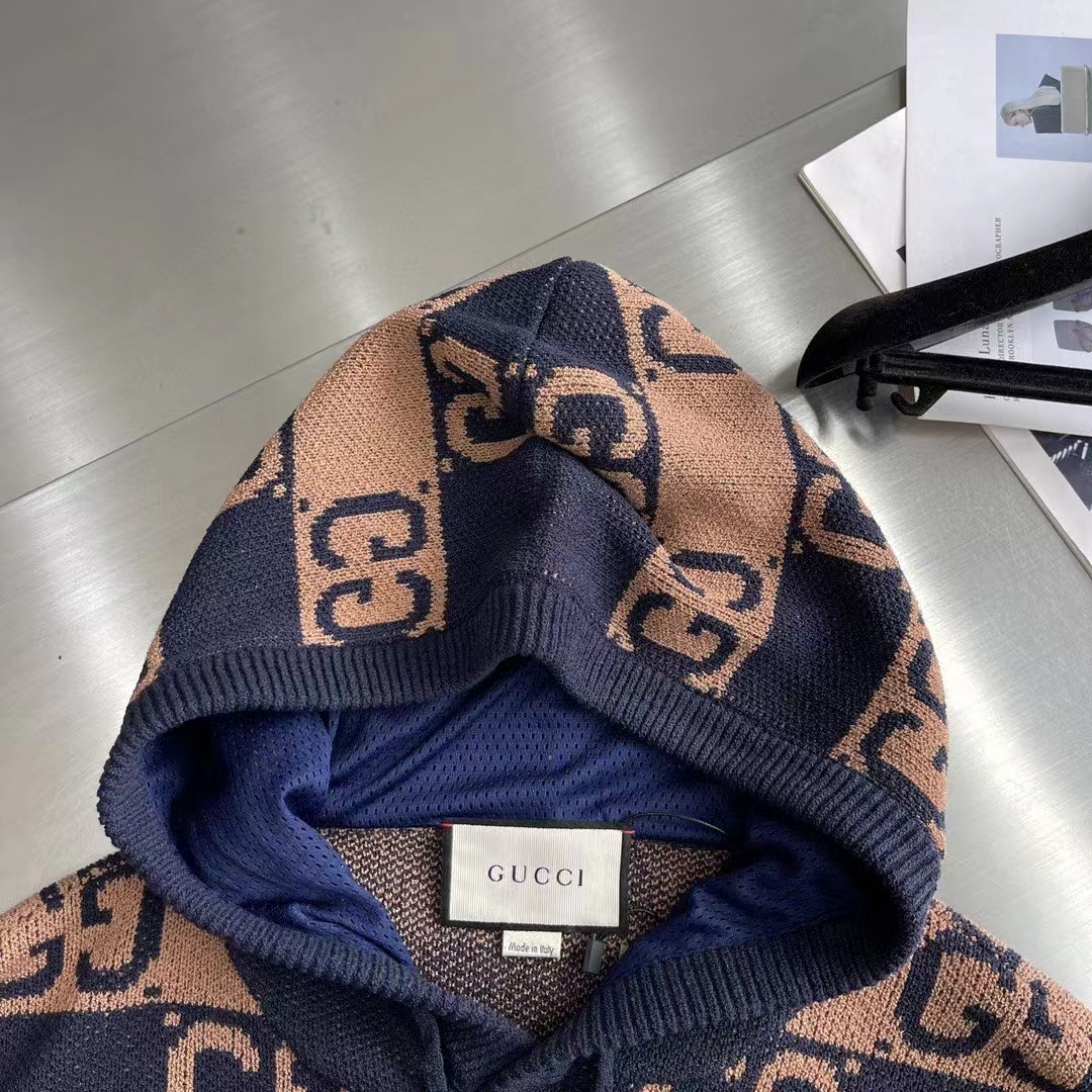 Gucci Women GG Cotton Jacquard Hooded Sweater Beige Dark Blue Dropped Shoulder Kangaroo Pocket