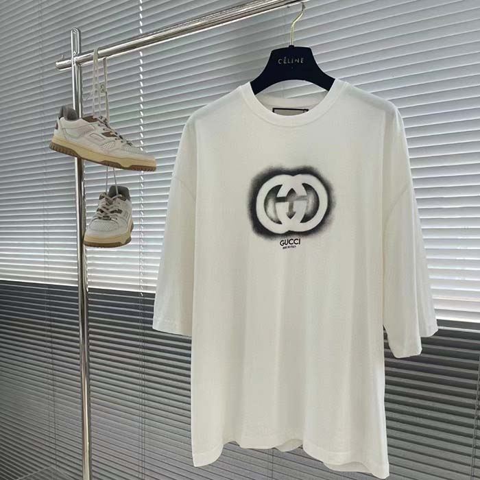 Gucci Women GG Cotton Jersey Interlocking Graffiti T-Shirt Off White Crewneck Dropped Shoulder Short Sleeves