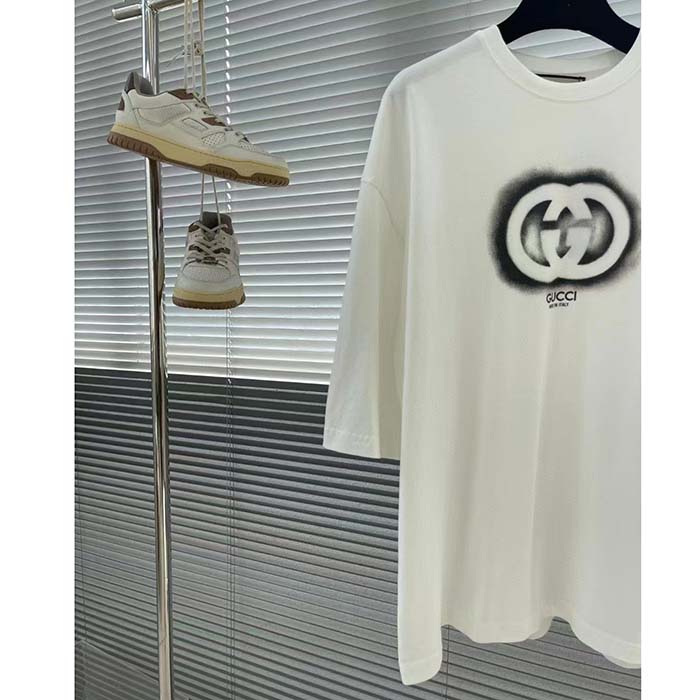 Gucci Women GG Cotton Jersey Interlocking Graffiti T-Shirt Off White Crewneck Dropped Shoulder Short Sleeves