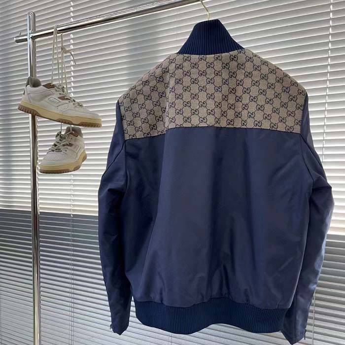 Gucci Men GG Nylon Canvas Zip Jacket Dark Blue Interlocking G Embroidered High Neck