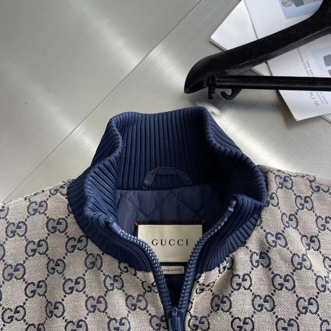 Gucci Men GG Nylon Canvas Zip Jacket Dark Blue Interlocking G Embroidered High Neck