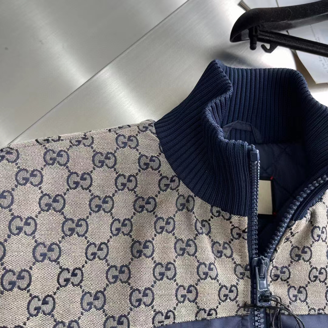 Gucci Men GG Nylon Canvas Zip Jacket Dark Blue Interlocking G Embroidered High Neck