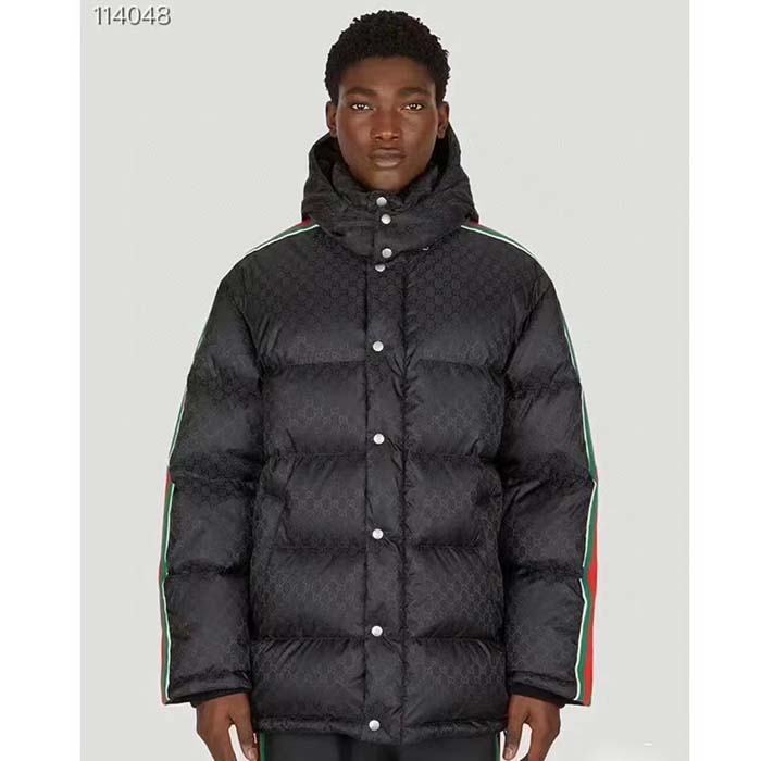 Gucci Men GG Nylon Jacquard Jacket Web Black Stripe Lined Fixed Hood Rib Cuffs